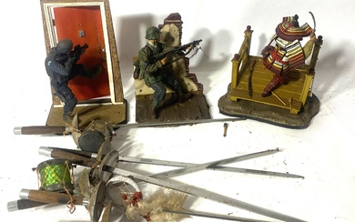 Three Military Figures & Six Replica Miniature Swords