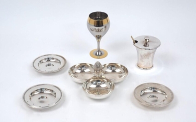 Three silver Armada dishes, two London, 1970, Mappin & Webb and one London, 1973, Asprey & Co., all 11.4cm dia., together with a Christofle silver plated triple nut bowl; a Christofle sugar/jam pot and a metal goblet by Zepter, weighable weight...