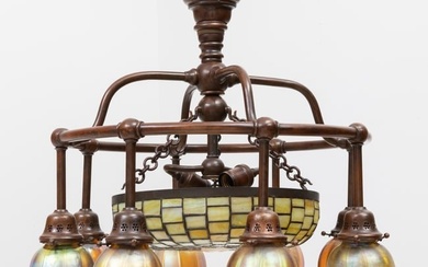 Tiffany Studios Patinated Bronze and Favrile Glass Nine-Light Geometric Moorish Chandelier