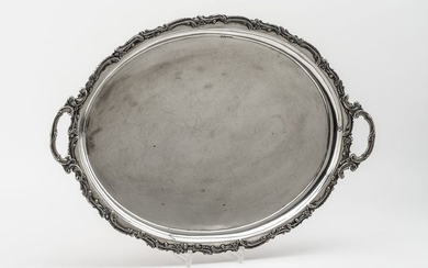 Tray with handles. Oval base. Slightly curved flag,...