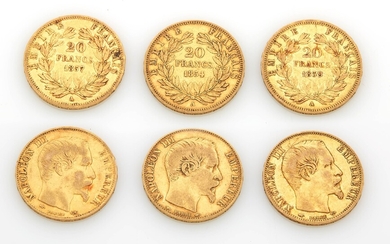 Trois pièces de vingt francs en or à l'effigie de Napoléon III non lauré 1854,...