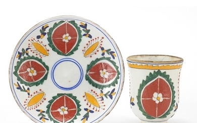 Turkish Kutahya pottery cup and saucer hand painted with flo...