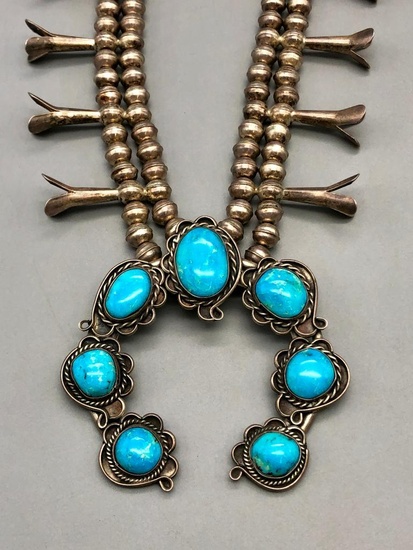 Turquoise And Sterling Silver Squash Blossom Necklace