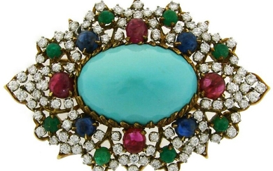 Turquoise Gold BROOCH PIN with 7.50 cts Diamond Ruby