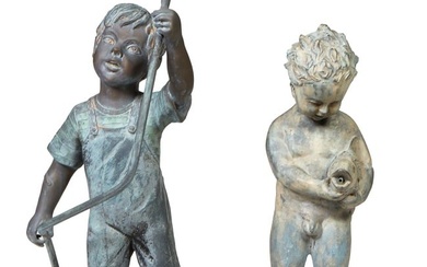 Two Patinated Bronze Fountain Figures, 20th c., Hose- H.- 24 in., W.- 12 in., D.- 12 in.; Fish- H.
