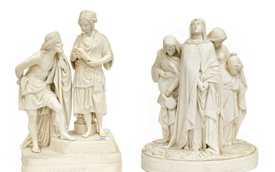 Two Victorian Parian figure groups, one titled "Eliezer and...