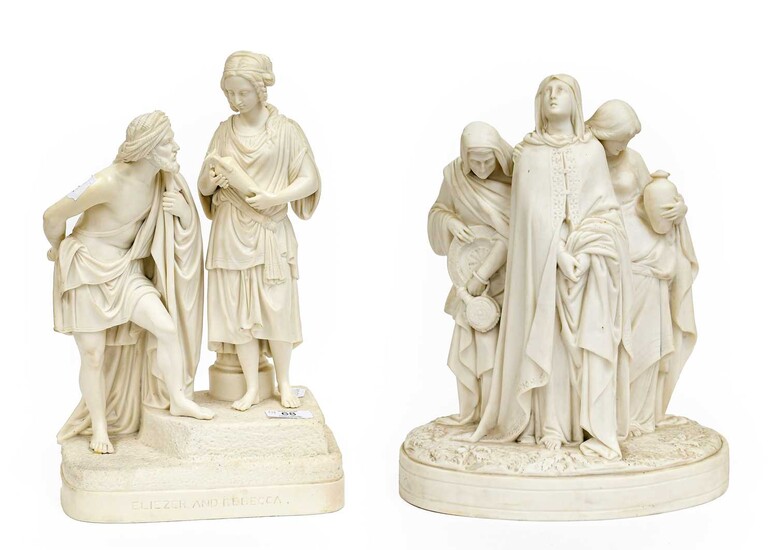 Two Victorian Parian figure groups, one titled "Eliezer and...