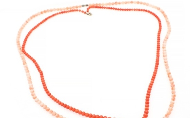Two coral necklaces each set with numerous polished coral beads. Pearl diam. app. 5–9 mm. (2)