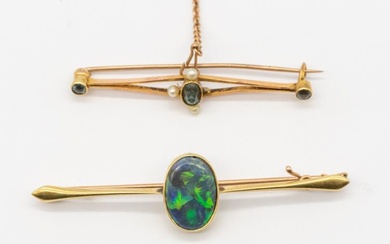 Two gold brooches including a 15ct gold opal set bar...