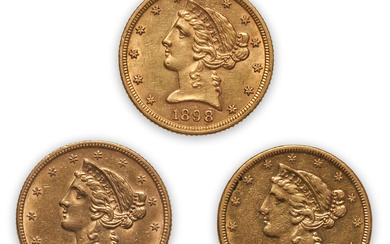 United States Three Liberty Head $5 Half Eagle Gold Coins.