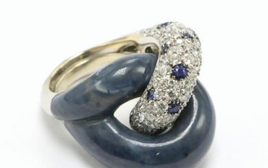 Unusual 18Kt WG Agate, Sapphire & Diamond Ring