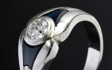 Unusual Art Deco white gold 750 ring with old cut diamond (ca. 0.45ct/P1/TCR) and side cut sapphire fillings, 7,2g, size 59