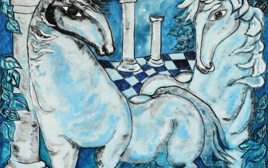 Vibeke Alfelt: “Månelysets heste”. Signed monogram 79; signed, titled and dated on the reverse. Oil on canvas. 100×135 cm.