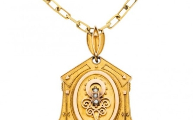 Victorian Seed Pearl, Gold Locket-Pendant-Neckla
