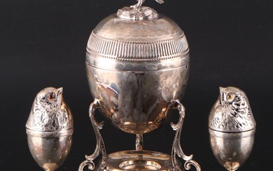 Victorian Style Silver Plate Egg Coddler with Silver Plate Figural Egg Cups