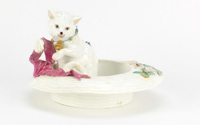 Victorian pottery cat in a straw hat, hand painted with