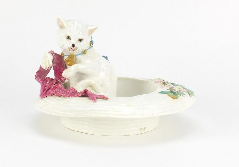 Victorian pottery cat in a straw hat, hand painted with