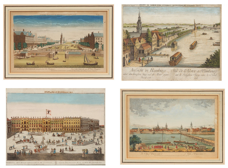 Vier kolorierte Kupferstiche mit Ansichten Aus Dresden, Amsterdam, Berlin und Hamburg