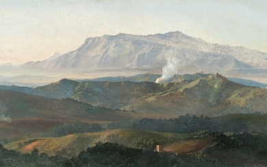 View of the Volsker Mountains from Olevano with Paliano on the right and Monte Scurgula in the background