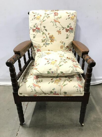 Vintage Carved Wooden Upholstered Chair On Casters