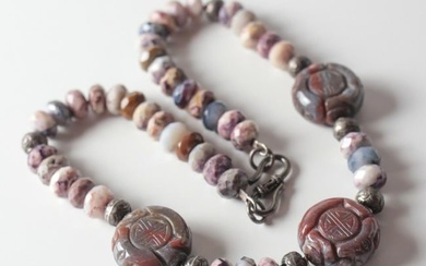 Vintage Chinese Mauve and Grey Rhodonite Hand Carved Zi Necklace