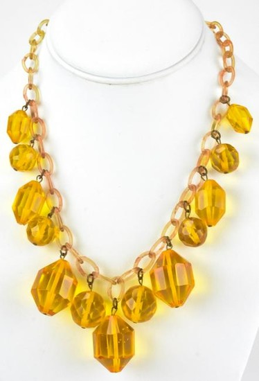 Vintage Faux Faceted Amber Beaded Necklace