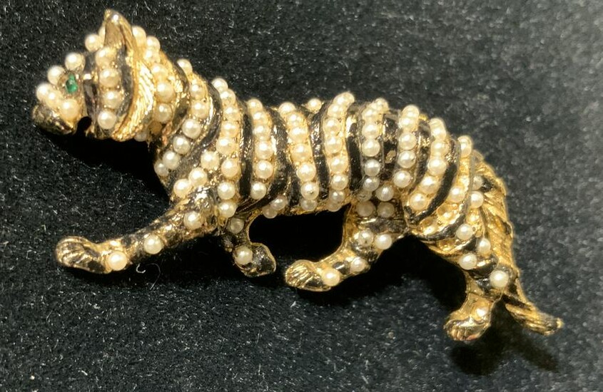 Vintage Pearlescent bead & enamel Tiger Brooch Pin