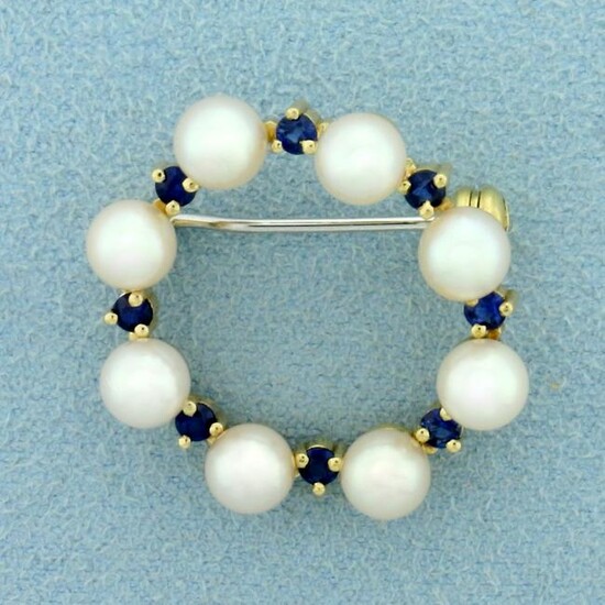 Vintage Sapphire and Akoya Pearl Circle Pin in 14K