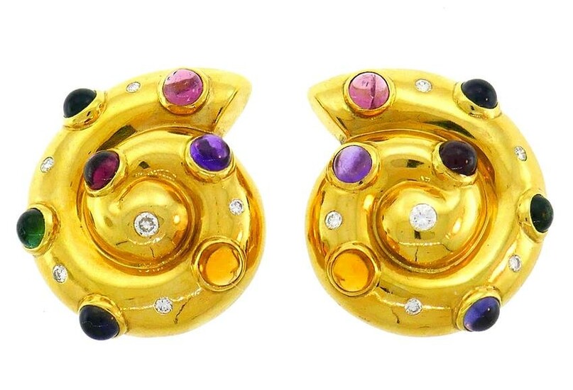 Vintage Yellow Gold Snail Earrings Diamond Gemstones