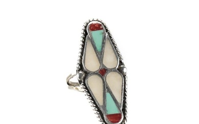 Vintage Zuni Native American Sterling Silver Ring Turquoise Coral Agate SZ 5 1/2