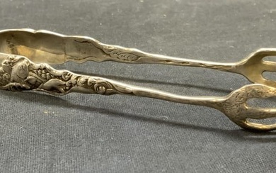 Vtg Signed Sterling Silver Repousse Tongs