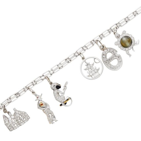White Gold, Platinum, Diamond and Gem-Set Charm Bracelet