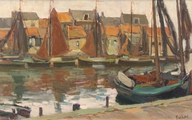 Willem Fekken (1908-1999), canal with fishing boats in Spakenburg, oil...