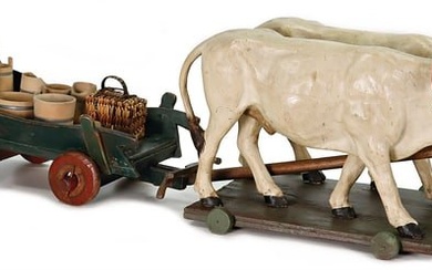 early team of oxen, c. 1820, 80 cm, papier mâché drought oxen, mounted on a wooden board