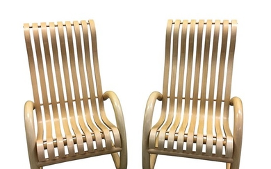 Two Modern Bentwood Rockers, late 20th century, composite with wood-grain laminate, unmarked, ht. 41, wd. 25, dp. 33 in.