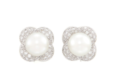 Pair of White Gold, Cultured Pearl and Diamond Earrings