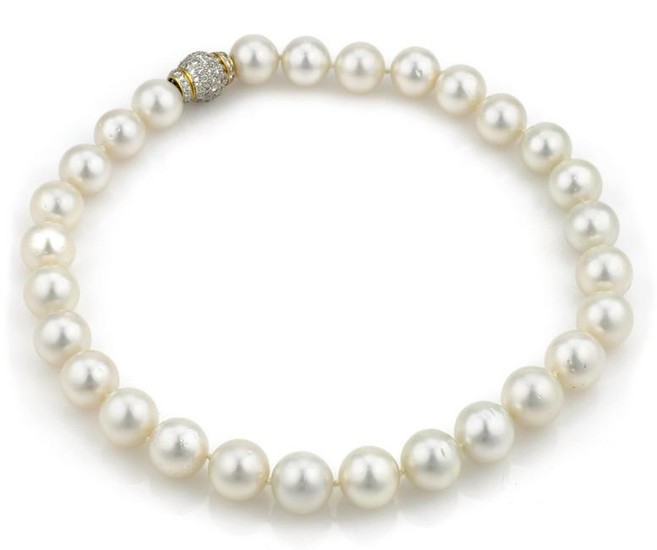 13mm Pearl Necklace with Yellow Gold Diamond Clasp
