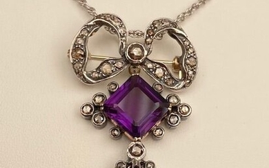 14 kt. Gold, Silver - Necklace with pendant - 19.00 ct Amethyst - Diamonds