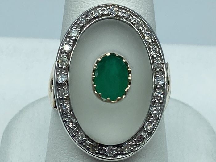 14 kt. Yellow gold, Rock Crystal - Ring Emerald - Diamonds