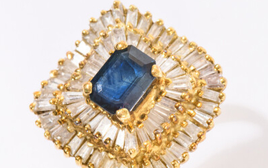 14K YELLOW GOLD, DIAMOND AND SAPPHIRE SQUARE RING. Emerald-cut sapphire...