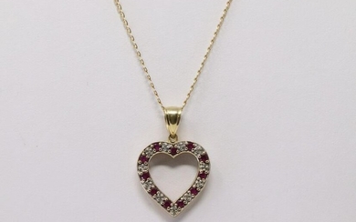 14Kt Yellow Gold Ruby Diamond Heart Pendant & Necklace.
