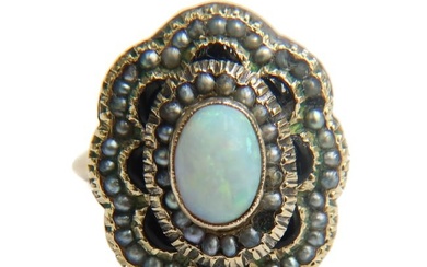 14k Yellow Gold WHite Opal and Grey Seed Pearl Ring, Size 5