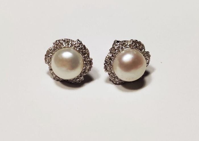 18 kt. Freshwater pearl, White gold - Earrings - 0.36 ct Diamonds - Pearls, 8.0 mm