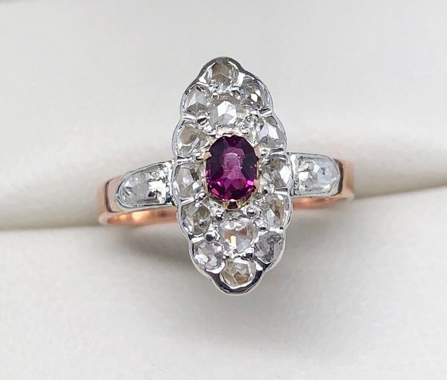 18 kt. Pink gold, Silver - Napoleon III ring diamonds - Ruby