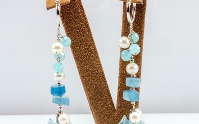 18 kt. White gold - Earrings - Aquamarine, Pearls, Chalcedony