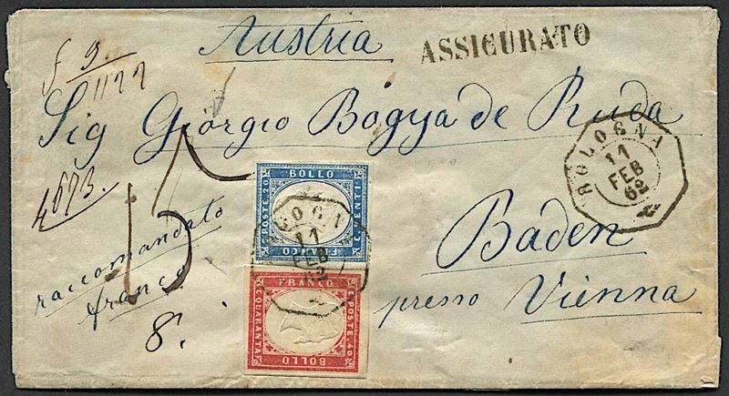 1862, Sardegna, raccomandata da Bologna per Baden (Austria) dell’11 febbraio 1862