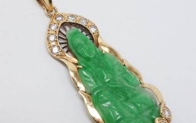 18k Gold Green Jadeite Diamond Buddha Pendant GIA Cert