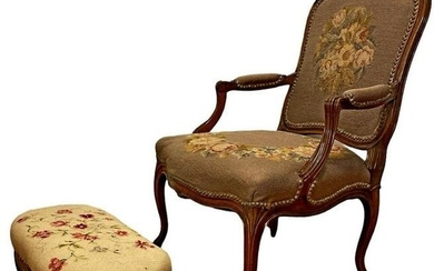 1920's French Needlepoint Arm Chair w Foot Stool