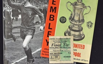 1965 FA CUP FINAL LEEDS UNITED V LIVERPOOL FOOTBALL PROGRAMME AND TICKET DATE MAY 1ST TOGETHER WITH A PHOTOGRAPH AND CUP KINGS LIVERPOOL 1965 BOOK HB