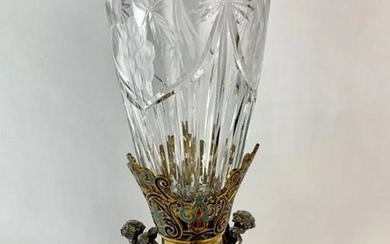 19TH C. CHAMPLEVE ENAMEL AND CUT CRYSTAL VASE